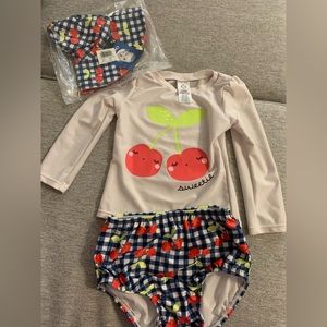Gerber baby cherry two piece long sleeve swimsuit w/ new Sun hat size 18 months
